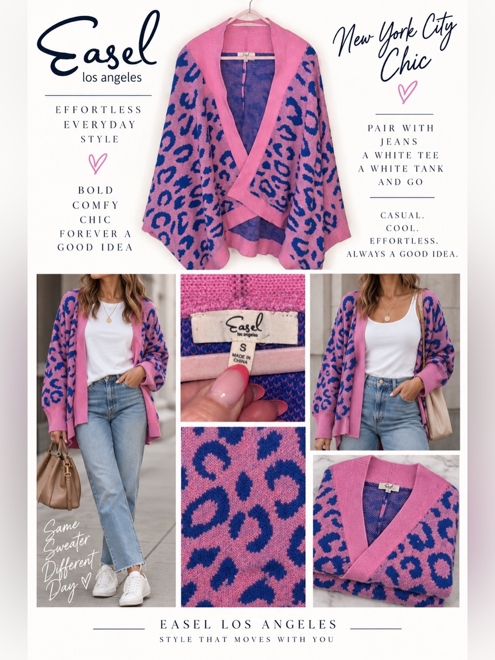 🩷🐆💙EASEL boutique brand NWOT 🩷Pink and Blue Leopard Print Sweater